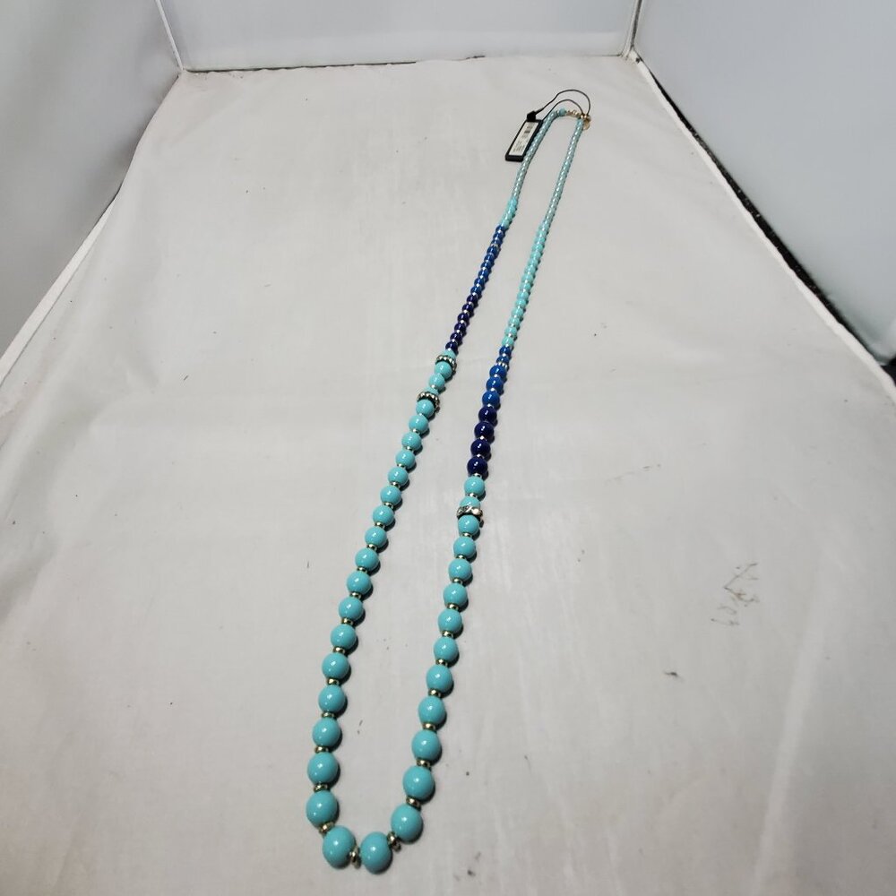 Ann Taylor Necklace, Multiple Shades Blue Beads W/Gold tone Crystal Rhinestone